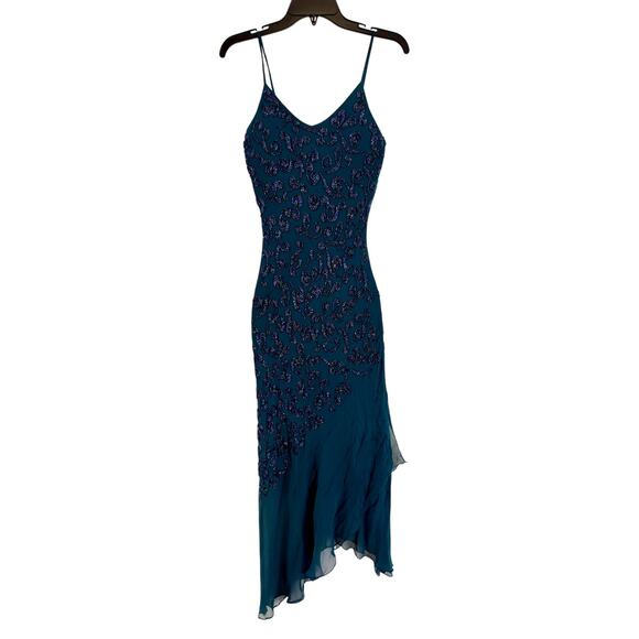 Vintage Cache Slip Dress sz 2 Teal Beaded Silk Cocktail Asymmetrical Whimsigoth - Picture 8 of 8